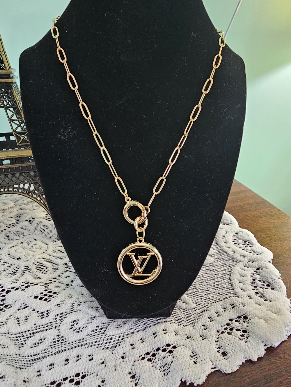 Upcycled Louis Vuitton Zipper Pull Gold-Tone Paperclip Chain Pendant Necklace